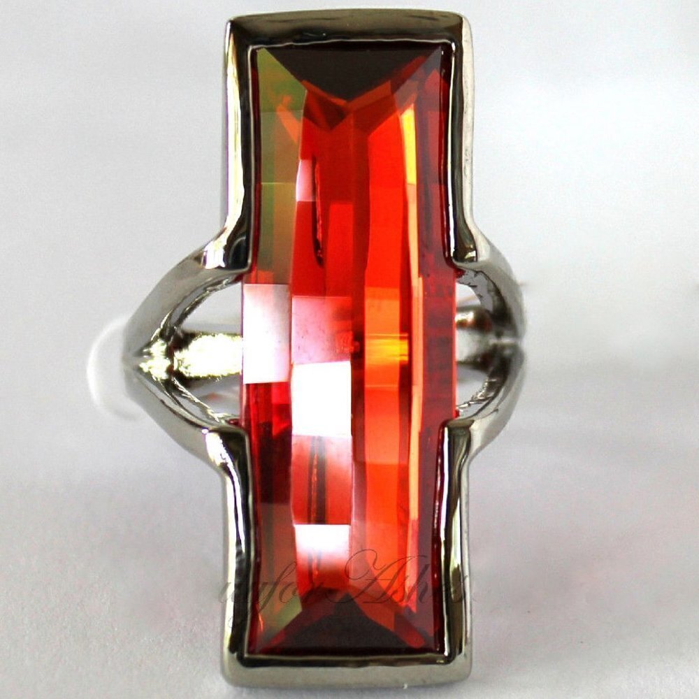 Rectangle Silver Cubic Zirconia New Wine Long Geometric Fire Red Cocktail Ring